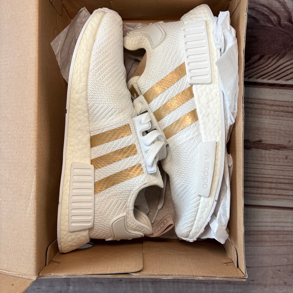 Adidas NMD R1 Cream and Gold Sneakers. NWT